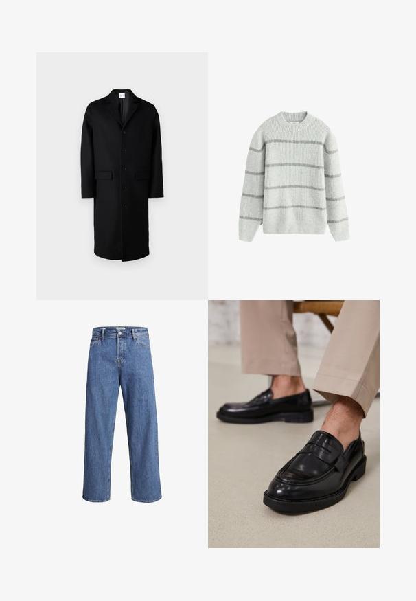 Samsøe Samsøe SATESFA COAT - Palton clasic - black; Pulover gri cu dungi, fabricat dintr-un material moale și texturat. Prezintă un gât rotund și mâneci lungi cu dungi orizontale de gri deschis și închis.; Jeanși din denim de un albastru deschis, cu un design drept, talie înaltă și detalii de cusătură minime. Materialul are o textură moale, ușor decolorată.; Loafers negre din piele cu o finisare netedă, având o curea decorativă și cusături contrastante, asortați cu pantaloni bej.