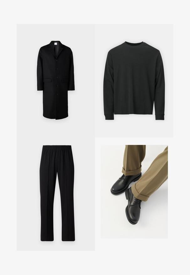 Samsøe Samsøe SATESFA COAT - Klasický kabát - black; Černé tričko s dlouhými rukávy vyrobené z bavlny, s kulatým výstřihem, volným střihem a žebrovanými manžetami. Hladká textura bez viditelných vzorů.; Černé kalhoty s elastickým pasem a rovnými nohavicemi, s hladkým povrchem a bez viditelných vzorů nebo kovových doplňků.; Černé kožené společenské boty s hladkým povrchem, s tkaničkami a kulatou špičkou, kombinované s vykrojenými khaki kalhotami.