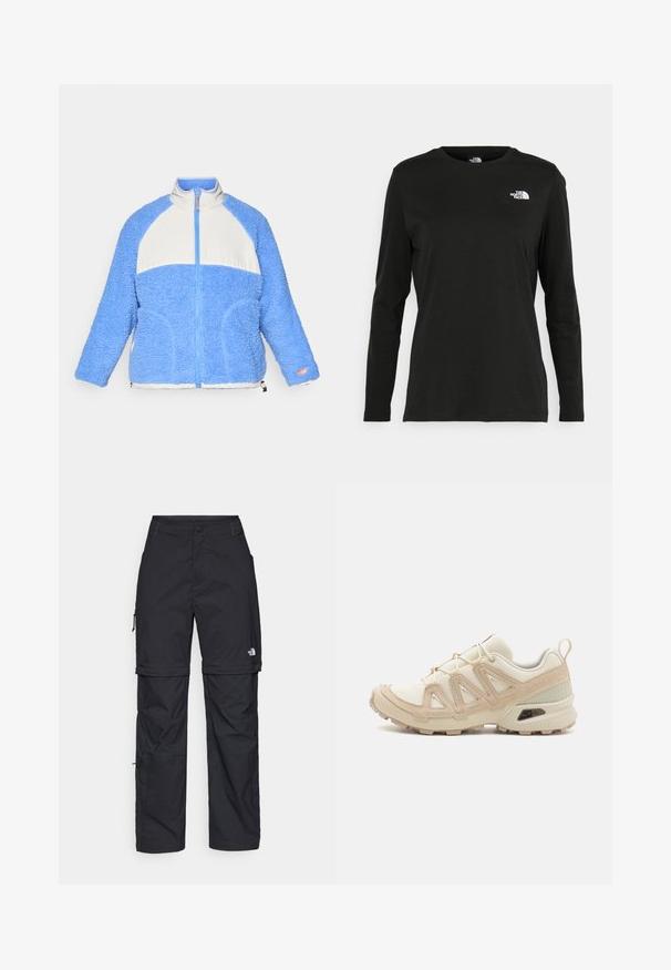 Svetlo modra flis jakna z belim panelom, z zadrgo spredaj, visokim ovratnikom in teksturiranim zaključkom. Ima stranske žepke in oranžne poudarke.; Črna majica z dolgimi rokavi iz bombaža z okroglo izrezom. Ima majhen bel logotip na levem prsnem delu. Enostaven dizajn in prileganje.; Črne najlon hlače z zipom, ki se lahko odstranijo, s prilagodljivimi manšetami, več žepi in logotipom na desni nogi. Gladka, lahka tekstura.; Bež in krem športni čevlji z teksturiranim mrežastim zgornjim delom, podpornimi prekrivali in gumijastim podplatom z vzorcem za oprijem.