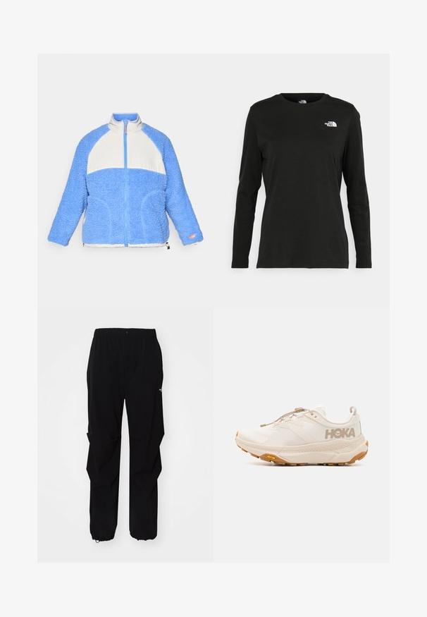 Světle modrá fleecová bunda s bílým panelem, zipem vpředu, vysokým límcem a strukturovaným povrchem. Obsahuje boční kapsy a oranžové akcenty.; Černé tričko s dlouhým rukávem vyrobené z bavlny s kulatým výstřihem. Na levé části hrudi se nachází malé bílé logo. Jednoduchý design a střih.; Černé venkovní kalhoty vyrobené z odolného materiálu, se uvolněným střihem, elastickým pasem a staženými manžetami pro nastavitelné délky.; HOKA TRANSPORT - Trekingové boty - eggnog