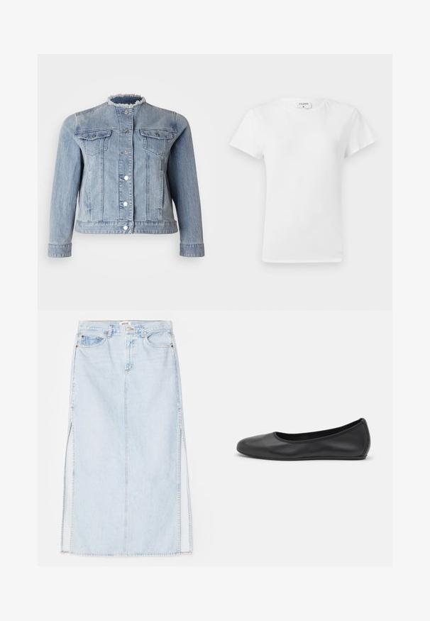 MICHAEL Michael Kors FRYD - Jeansjakke - sky haze; Hvit bomull T-skjorte med rund hals og korte ermer, med en avslappet passform og minimalistisk design. Merke synlig ved nakken.; Lys blå denim maxi skjørt med rett snitt, med sidespalter og fem-lommers design. Fremtredende søm og metallknapplukking.; Svart skinnballettflatt med rund tå, glatt tekstur, minimal sømdetalj, og et fleksibelt såledesign.