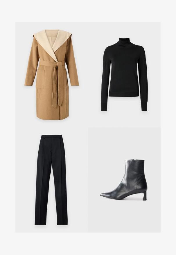 MICHAEL Michael Kors HOODED WRAP COAT - Κλασικό παλτό - bone; Μαύρο μακρυμάνικο πουλόβερ με ψηλή λαιμόκοψη και ριγωτές μανσέτες και τελείωμα, το οποίο είναι παρουσιασμένο σε απλή λευκή φόντο.; Μαύρο παντελόνι φτιαγμένο από λείο ύφασμα με ψηλή μέση, φαρδιές γάμπες, πλάγιες πιέτες και κλασσικές θηλιές ζώνης. Δεν υπάρχουν ορατές πλαϊνές τσέπες.; Μαύρη δερμάτινη μπότες αστραγάλου με μυτερή μύτη και κομψό σχέδιο. Διαθέτει χαμηλό τακούνι και φερμουάρ στο πίσω μέρος. Λείο υφή.