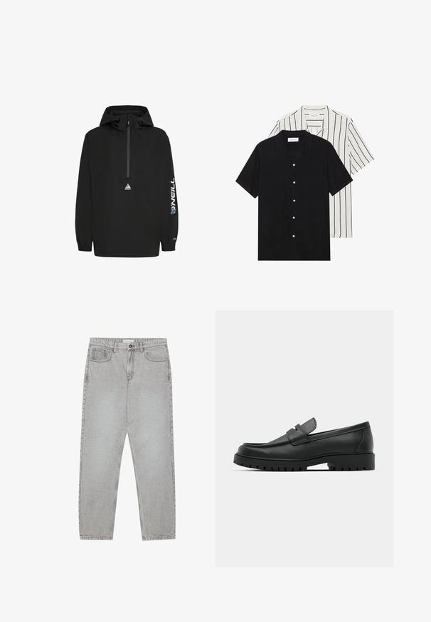 Zwarte windjack met capuchon, halve rits aan de voorkant, elastische manchetten, O'Neill-logo op de mouw en een driehoekig logo op de borst.; Twee shirts met korte mouwen: één effen zwart, één wit met zwarte verticale strepen. Beide hebben knoopsluitingen en een klassieke kraag.; Lichtgrijze denimbroek met een recht model, vijfzakkenstijl en een knoopsluiting. Zichtbare stiksels langs de naden.; Zwarte leren instappers met een ronde neus, voorzien van een gestikt ontwerp, een lage platformzool en een gestructureerde, grof rubberen buitenzool.