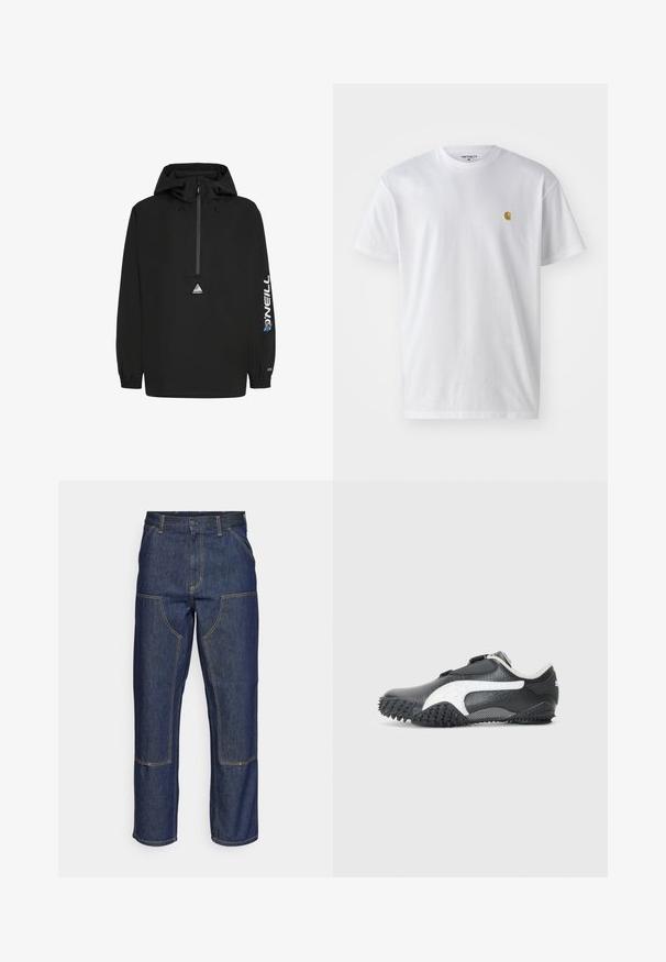 Zwarte windjack met capuchon, halve rits aan de voorkant, elastische manchetten, O'Neill-logo op de mouw en een driehoekig logo op de borst.; Witte katoenen t-shirt met korte mouwen en ronde hals, voorzien van een klein gouden logo op de linkerkant van de borst. Zachte textuur en een normale pasvorm.; Donkerblauwe denim jeans met een hoge taille, rechte pijpen, contrasterende stiksels en opgestikte zakken aan de voorkant.; Zwarte sportieve schoen met een gestructureerde bovenkant, witte accenten en een rubberen buitenzool met een spijkerpatroon voor grip. Verstelbare riemsluiting.
