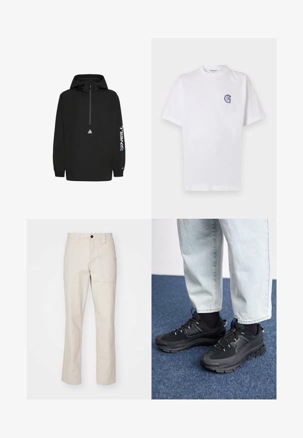Zwarte windjack met capuchon, halve rits aan de voorkant, elastische manchetten, O'Neill-logo op de mouw en een driehoekig logo op de borst.; Wit katoenen T-shirt met korte mouwen, ronde hals en een klein, geborduurd blauw "C"-logo op het linker borstgebied.; Beige katoenen broek met een recht model, voorzien van twee voorzakken, een enkele knoopsluiting en zichtbare stiksels.; Zwarte sportschoenen met gestructureerde stof en rubberen zolen, met elastische veters en een blauwe accent op de hiel. Draag samen met lichte spijkerbroeken.