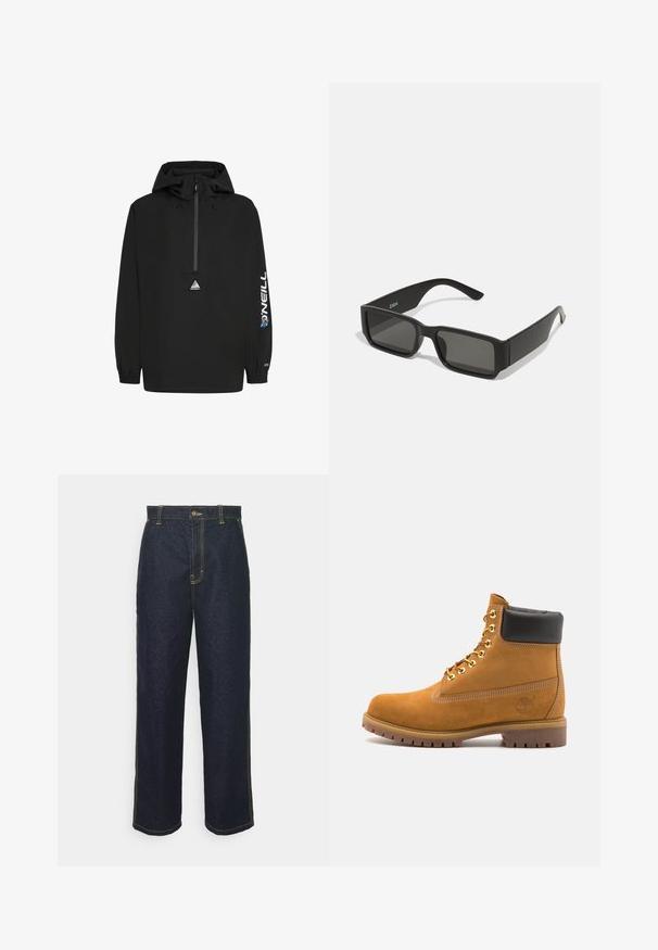 Black windbreaker with a hood, half-zip front, elastic cuffs, O'Neill logo on the sleeve, and a triangular logo on the chest.; YOURTURN 2 PACK UNISEX - Long sleeved top - dark grey/black; Wide-leg dark denim jeans with yellow stitching, featuring a front button closure and side pockets. Smooth texture and traditional design.; Tan suede ankle boot with black padded collar, gold metal eyelets, white stitching detailing, and rugged rubber sole with pronounced treads.; Black sunglasses with rectangular lenses, matte plastic frame, and straight edges. Features brand logo on the inner arm.