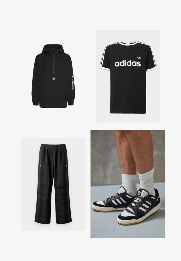 Svart vindjakke med hette, halv glidelås foran, elastiske mansjetter, O'Neill-logo på ermet og en trekantet logo på brystet.; Svart bomulls-T-skjorte med hvit Adidas-logo, tre hvite striper på skuldrene og hvit kant rundt halsen og ermene.; Svarte rutete bukser med elastisk midje, to frontlommer og løs passform med rett ben-design. Laget av lett materiale.; Sorte og hvite sneakers med overdel i semsket skinn og lær, med tre hvite striper, perforert tå og en såle av gummi.
