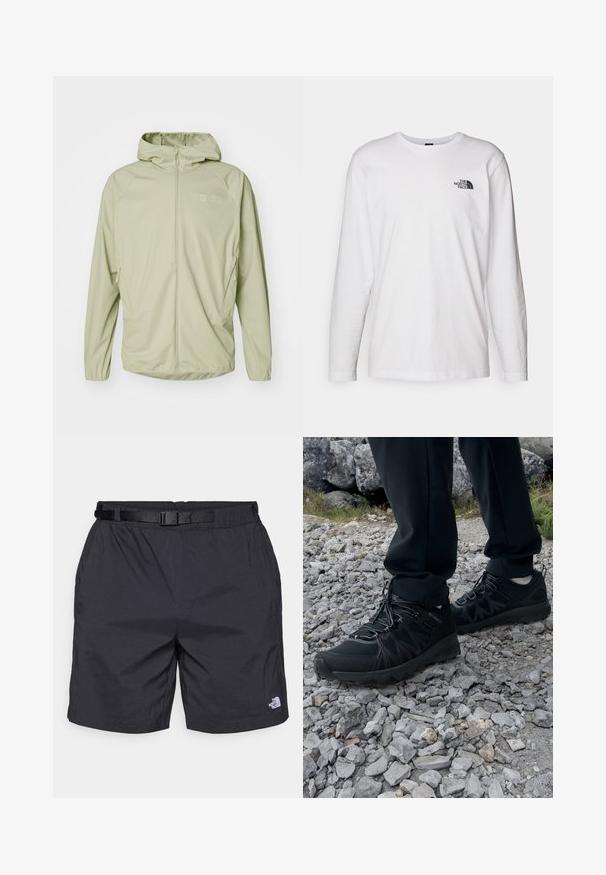 Veste zippée vert clair avec capuche, en matériau lisse, dotée de deux poches latérales et d'un petit logo sur la poitrine.; T-shirt blanc à manches longues en coton avec un col rond. Présente un petit logo noir sur la poitrine. Texture lisse, coupe régulière.; Shorts légers noirs avec une coupe décontractée, dotés d'une ceinture ajustable, de poches latérales et du logo The North Face sur la jambe inférieure droite.; Chaussures d'extérieur noires en matériau synthétique et en maille, présentant une tige texturée, un système de lacets sécurisé et une semelle extérieure robuste, sur un terrain rocailleux.
