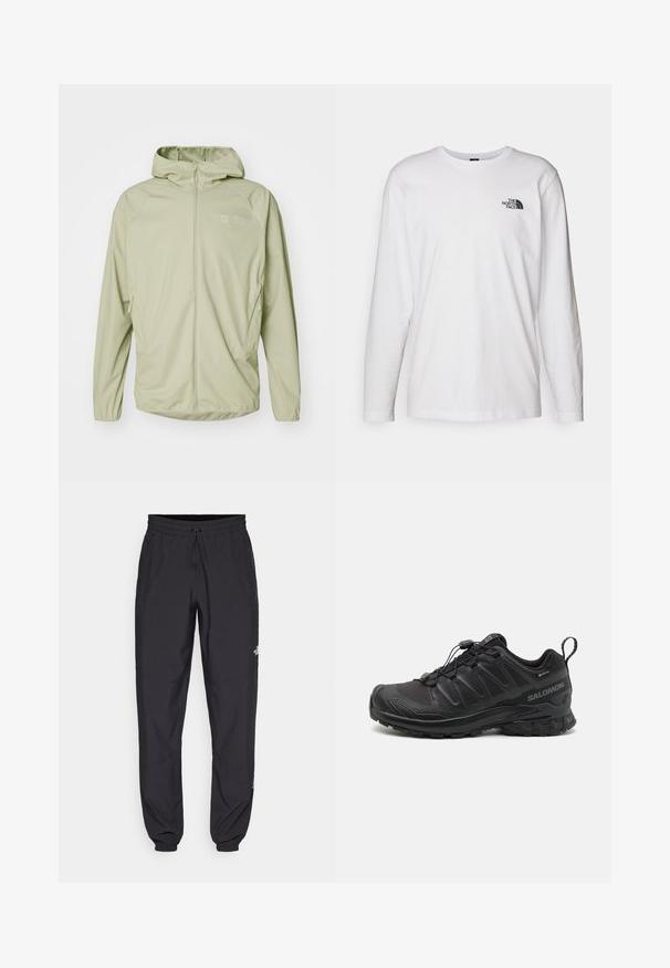 Hellegrüne Zip-Jacke mit Kapuze, aus glattem Material, mit zwei Seitentaschen und einem kleinen Logo auf der Brust.; Weißes langärmliges T-Shirt aus Baumwolle mit Rundhalsausschnitt. Verfügt über ein kleines schwarzes Logo auf der Brust. Glatte Textur, reguläre Passform.; Schwarze Sporthosen aus leichtem Stoff, mit einem Kordelzugbund, seitlichen Taschen und schmal zulaufenden Bündchen an den Knöcheln.; Schwarzer Sportschuh mit einer strukturierten, synthetischen Oberseite, gepolsterten Sohle und einem schnellen Schnürsystem. Verfügt über eine verstärkte Zehen- und Fersenkappe.