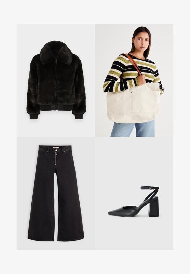 Črna bomber jakna iz umetnega krzna z zadrgo spredaj, velikim ovratnikom, rebrastimi manšetami in pasom. Mehka tekstura in skrajšan dizajn.; Črna majica iz bombaža s kratkimi rokavi, ki pokriva belo dolgi rokav z subtilnim teksturiranim vzorcem. Oblika izrezanega vratu.; Široke traperice iz črnega denima z zadrgo spredaj, petimi žepi in diskretnimi šivi. Gladka tekstura in ležeren slog.; Črne usnjene klasične čevlje z ostrim nosom, z zaponko za gleženj in debelim peto. Ravna tekstura, eleganten dizajn in minimalistična estetika.; Velika bež platnena torba z rjavimi usnjenimi ročaji, ki se ponaša z minimalnim dizajnom in vidnimi šivi.