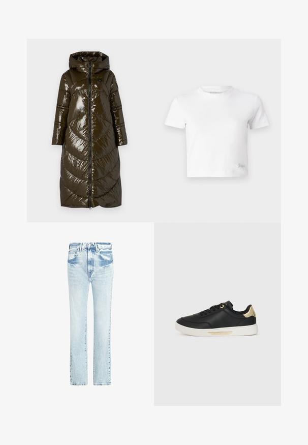 Blauer KERNA - Winter coat - verde pigna; White cropped t-shirt made of smooth cotton, featuring a high neckline and short sleeves. Small embroidered logo in the bottom corner.; Light blue denim jeans with a straight leg design, five pockets, and a faded texture. Features visible stitching and a classic button closure.; Black leather sneaker with a smooth texture, white rubber sole, gold accents on the heel and eyelets, featuring a logo on the side.