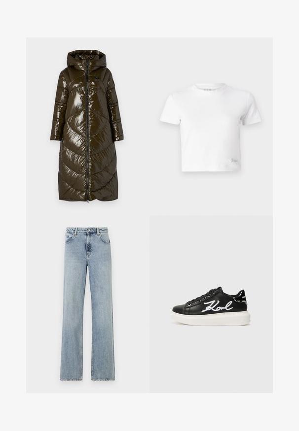 Blauer KERNA - Winter coat - verde pigna; White cropped t-shirt made of smooth cotton, featuring a high neckline and short sleeves. Small embroidered logo in the bottom corner.; Light blue, wide-leg jeans made of denim. Features a button and zip closure, front pockets, and subtle fading. Clean hems.; Black leather sneaker featuring white embroidered "Karl" detail, round toe, lace-up design, and a thick white sole with textured accents.