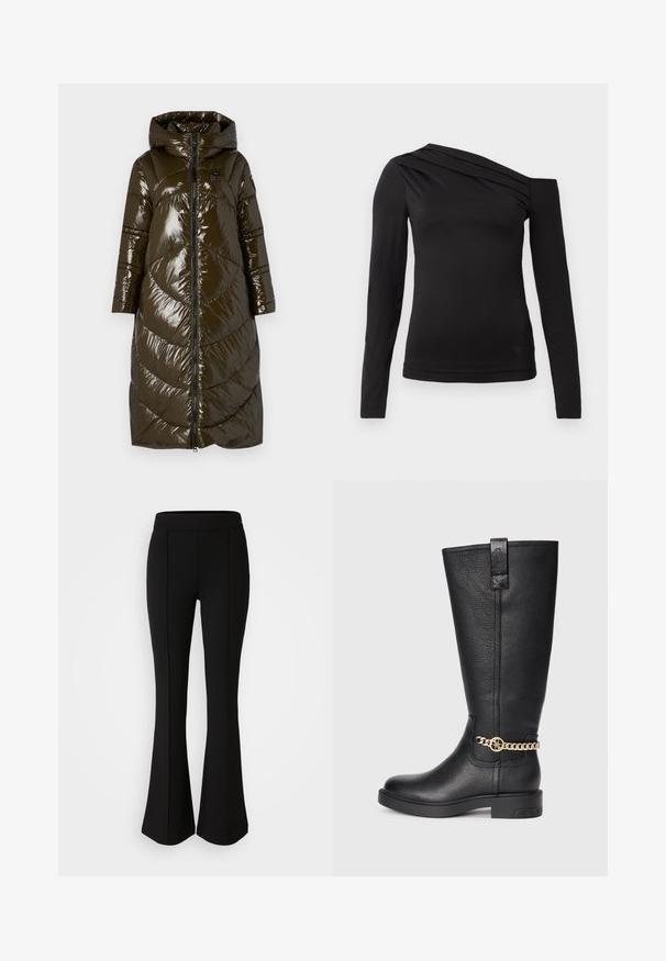 Blauer KERNA oliwkowy; Czarny top z długim rękawem o asymetrycznym dekolcie, z jednym odsłoniętym ramieniem i delikatnym drapowaniem na klatce piersiowej.; Czarne spodnie dzwony z elastycznego materiału o gładkiej strukturze, z detalami szwów z przodu dla dodatkowego stylu.; Czarne skórzane kozaki do kolan z teksturowanym wykończeniem, z dekoracyjnym złotym łańcuchem i płaską gumową podeszwą.