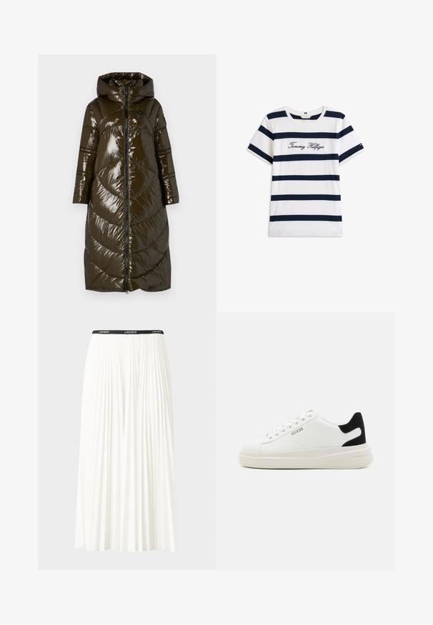 Blauer KERNA - Cappotto invernale - verde pigna; T-shirt in cotone con righe orizzontali blu navy su sfondo bianco. "Tommy Hilfiger" ricamato in corsivo sul petto. Collo a giro.; Gonna bianca plissettata con elastico nero in vita che presenta il logo "LACOSTE". Design di lunghezza media con texture morbida.; Sneaker bianchi in pelle con suola spessa bianca, accento in suede nero sul tallone e logo impresso sul lato. Design con lacci e sei fori per i lacci.