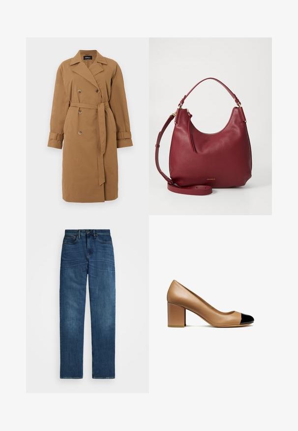 Cappotto trench marrone in tessuto, caratterizzato da un design doppiopetto, colletto a punte, tasche laterali e una cintura legata in vita.; Maglione a V in marrone chiaro, realizzato in materiale morbido. Presenta polsini e orlo a coste, con una vestibilità morbida e maniche lunghe.; Blusa bianca a maniche lunghe con colletto classico, chiusura frontale con bottoni e dettaglio arricciato sui lati. Tessuto liscio con una forma sartoriale.; Jeans in denim blu scuro con taglio dritto, chiusura a bottone singolo e passanti per cintura standard. Presentano un leggero sbiadimento e un classico design a cinque tasche.; Décolleté in pelle beige con punta arrotondata e punta in vernice nera, dotato di tacco a blocco e texture liscia.; Borsa hobo in pelle rossa a grana profonda, con zip dorata, tracolla regolabile e una sottile accento del logo alla base.