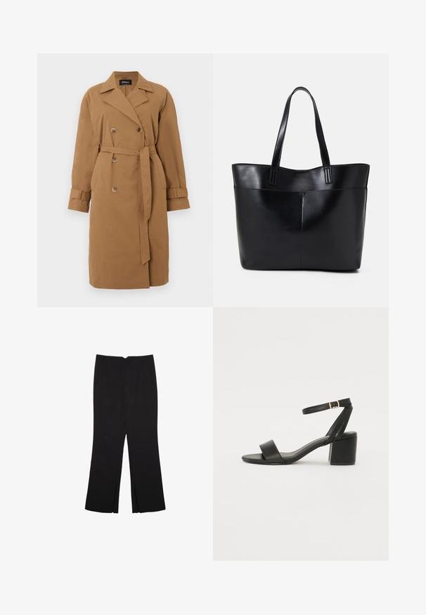 Smeđi trench kaput od tkanine, s dvostrukim kopčanjem, urezanim ovratnikom, bočnim džepovima i remenom vezanim u struku.; Crna majica bez rukava od glatkog materijala, s okruglim izrezom i uskim krojem bez vidljivih uzoraka ili ukrasa.; Crne hlače ravnog kroja, s prednjim džepovima i bočnim prorezima na rubu. Izrađene od mekog i glatkog materijala. Pogodne za razne prigode.; Crne sandale na visoku petu s glatkim kožnim gornjim dijelom, otvorenom kapicom, širokim prednjim trakama i podesivim remenom oko gležnja s detaljem zlatne kopče.; Crna kožna torba s dugim ručkama, glatkom teksturom i strukturiranim oblikom. Ima prednju džep za dodatno pohranu.