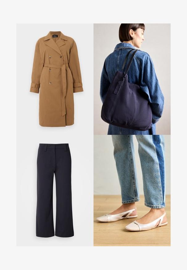 Brown trench coat made of fabric, featuring a double-breasted design, notched collar, side pockets, and a belt tied at the waist.; Long-sleeve, crew-neck top in soft, light cream fabric. Features a relaxed fit and raglan sleeves with a smooth texture.; Wide-leg trousers in dark navy fabric. Features a flat front, belt loops, and side pockets. The material is smooth with a slight stretch.; Pale pink slingback flats with a pointed toe, made from a smooth leather-like material. Features cut-out details at the sides and a flat heel.; Navy canvas shoulder bag with a soft, structured shape, featuring a black strap, stitched detailing, and a small brand tag.