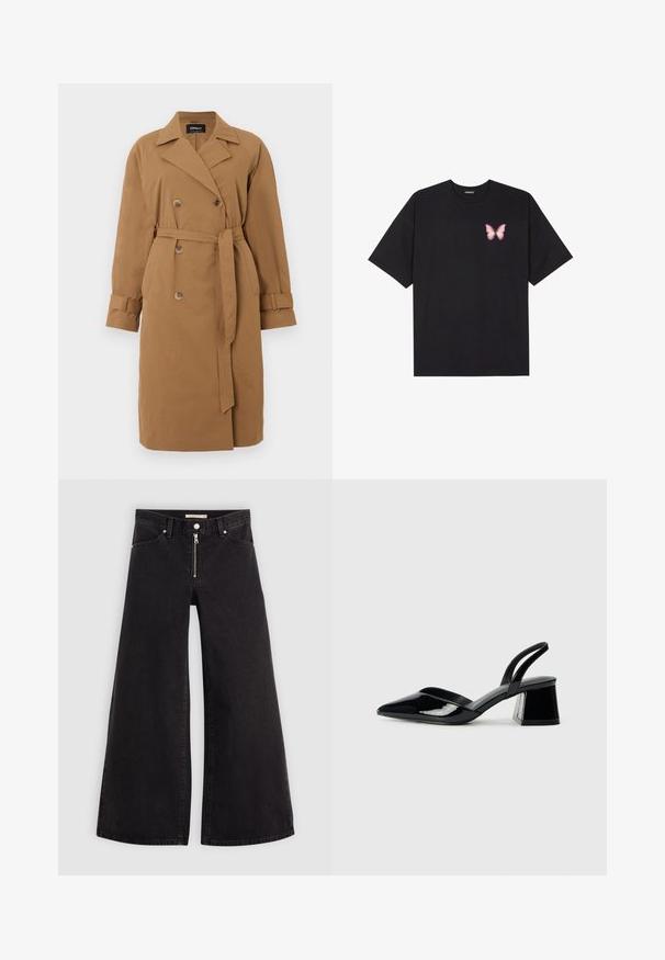 Pruun trench coat kangast, topeltkinnitatud disainiga, notšitud krae, küljetaskud ja vöö, mis on seotud vöökoha ümber.; Must muströöpidega must puuvillane T-särk, vasakul rinnal on väike roosa liblikas. Ümar kaelus ja vabalt istuv lõige.; Laiad teksad mustast denimist, millel on lukuga eesmine osa, viie taskuga disain ja peened õmblusdetailid. Sile tekstuur ja juhuslik stiil.; Mustad musta lakknahk kingad, millel on terav varvas ja geomeetriline plokkkonts. Omab elegantselt minimalistlikku disaini ja sujuvat tekstuuri.