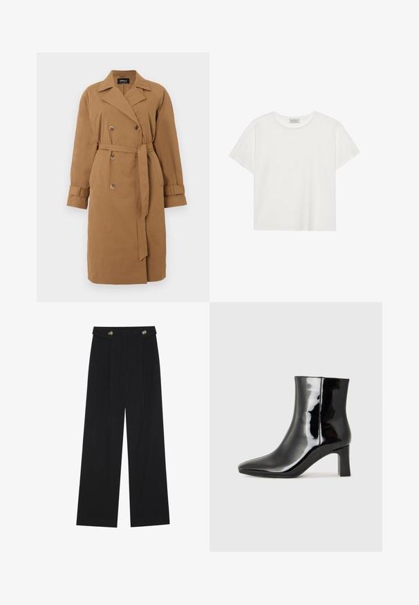 Brown trench coat made of fabric, featuring a double-breasted design, notched collar, side pockets, and a belt tied at the waist.; White short-sleeve T-shirt made of soft cotton. Features a round neckline and relaxed fit. Clean design with no visible patterns or accents.; Black wide-leg trousers with high waist, button details on waistband, and front pleats.; Black patent leather ankle boot with a pointed toe and a mid-height block heel. Smooth texture and minimalist design.