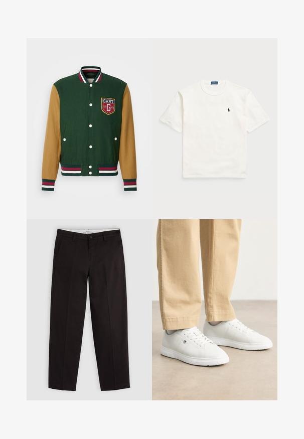 Roheline ja tan värvi ülikooli jakk valgete nööpidega, ribitud krae ja triibuliste varrukatega. Rinnal on välja broderitud GANTi logo.; Valge puuvillane T-särk lühikeste varrukatega, klassikalise ümmarguse kaelusega ning vasakul rinnal on väike must tikand.; Mustad sirged põlvpüksid, millel on vöökohad, nööbi sulgemine ja küljetaskud, esitlemine helesinise halli taustal.; Valged nahast tossud siledaga lõpetusega, ümarate varvastega, paeltega kinnitatud disain ja külgedel peene logoga, kombineeritud beežide pükstega.