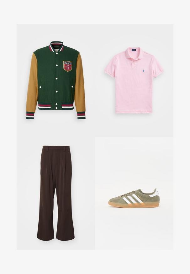 Green and tan varsity jacket with white buttons, ribbed collar, and striped cuffs. Features an embroidered GANT logo on the chest.; Light pink polo shirt made of cotton, featuring a two-button placket, short sleeves, and a small blue embroidered logo on the chest.; Brown wide-leg trousers with a high waist, featuring front pleats and belt loops, made from a smooth, lightweight fabric.; Green suede sneaker with three white stripes and gold branding. Features a rounded toe and a gum rubber sole for traction.