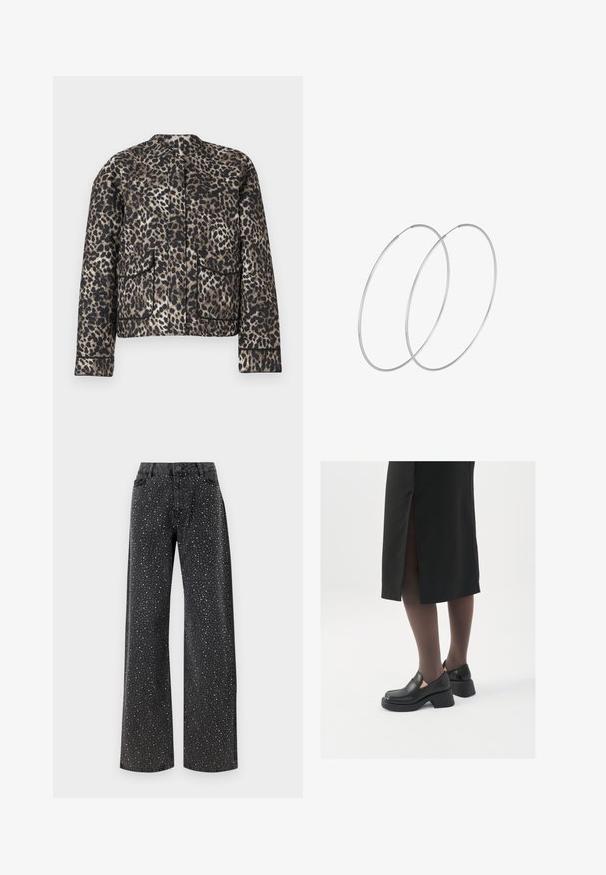 Leopard-print jacket in shades of brown and black. Features a round neckline, two front pockets, and contrasting trim along the edges.; Long-sleeve, black and cream sweater with a high neckline. Features bold, diagonal stripes and a ribbed hem and cuffs for a textured look.; Noisy May NMJANNEL LOOSE - Relaxed fit jeans - black denim; Black leather shoes with a rounded toe, thick block heel, and elastic side accents, paired with dark tights and a black skirt with a slit.; Silver hoop earrings with a minimalist design. Circular shape, smooth texture, and thin profile. Lightweight with a polished finish.