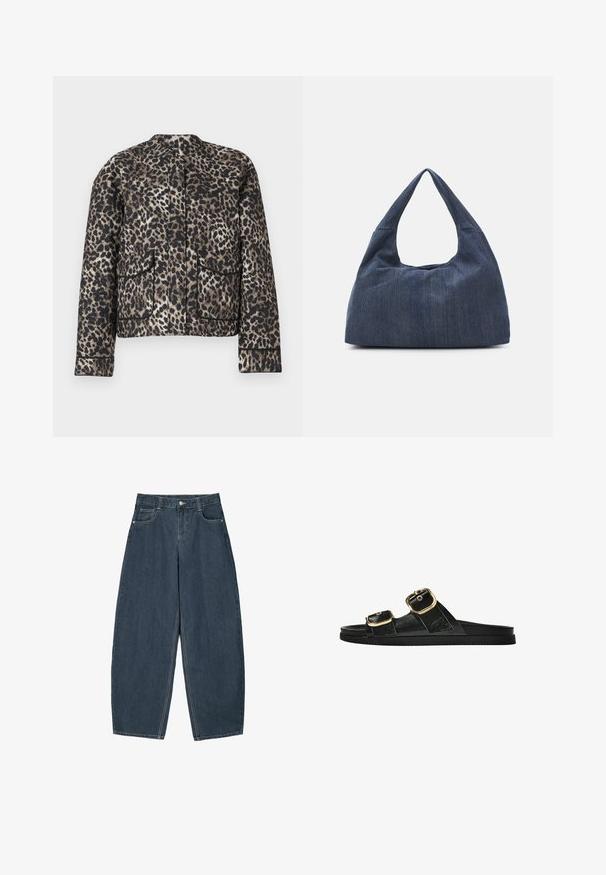 Leopárdmintás dzseki barna és fekete árnyalatokban. Kerek nyakkivágással, két elülső zsebbel és kontrasztos díszítéssel a szélek mentén.; Tengerészeti rövid ujjú póló fehér virágmintával és a következő szövegekkel: "A Virágarchívum", "Az Evermist Kertészeti Társaság" és "Vadvirágok Kft."; Sötétkék farmer széles szárú nadrág magas derékkal, öt zsebbel és látható varrási részletekkel. Tiszta, letisztult dizájn.; Fekete csúszó szandál, két arany csattal, sima textúrájú anyagból, lapos talppal és minimalista dizájnnal.; Sötétkék farmer táska puha, laza formával, hobo-stílusú fogantyúval és textúrált felülettel. Látható fémrész nélküli.