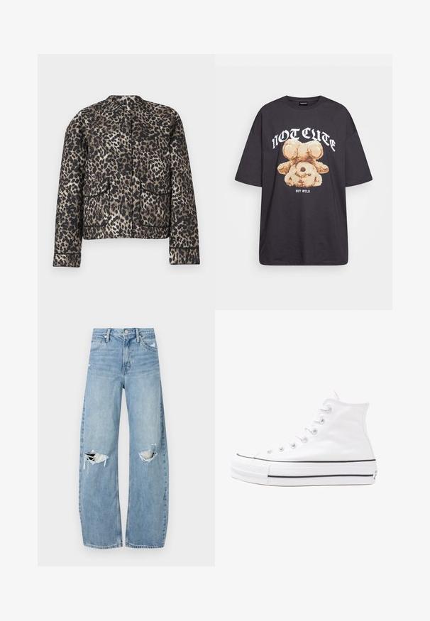 Giacca con stampa leopardata nelle tonalità di marrone e nero. Presenta un collo rotondo, due tasche frontali e bordi di colore contrastante.; T-shirt nera oversize con una grafica di un orso e la scritta "NON CARINA MA SELVAGGIA" in grassetto, lettere bianche. Materiale in cotone.; Jeans azzurri chiari a vita alta realizzati in denim. Presentano gambe larghe, due aree strappate sulle ginocchia e il classico styling a cinque tasche.; Sneaker alta in tela bianca con suola in gomma nera, punta in gomma frontale e sei asole per i lacci, caratterizzata da un design pulito e minimalista.