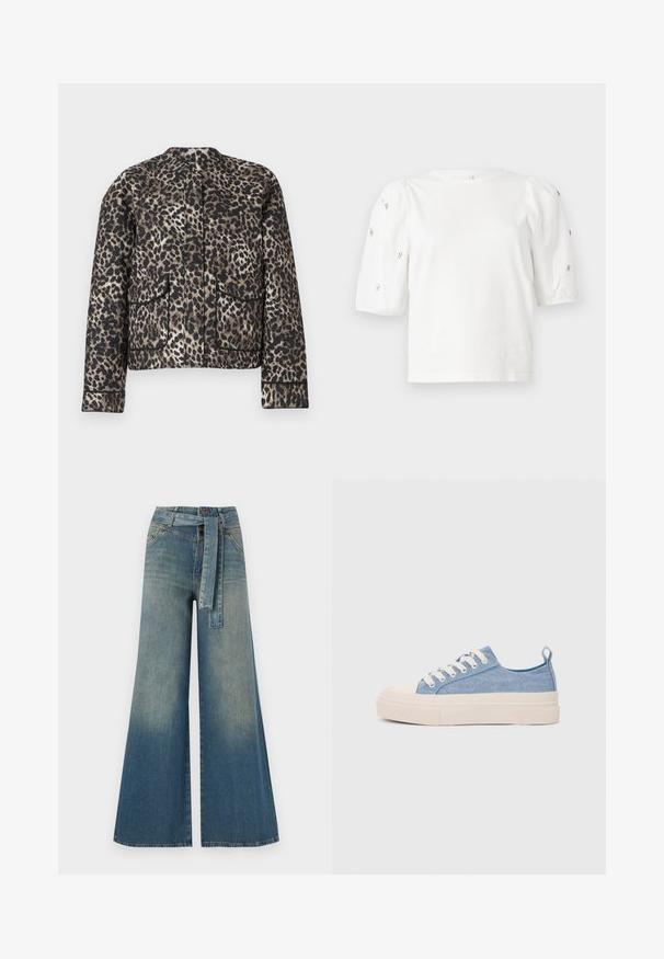 Leopard-print jacket in shades of brown and black. Features a round neckline, two front pockets, and contrasting trim along the edges.; White cotton t-shirt with short puff sleeves, featuring small silver embellishments along the sleeves. Classic round neckline, relaxed fit.; Wide-leg denim trousers featuring a light to dark blue gradient, high waist, belt loops, and a matching fabric belt. Textured denim finish.; Light blue canvas sneakers with a cream rubber toe cap and outsole, featuring white laces and a pull tab on the heel.