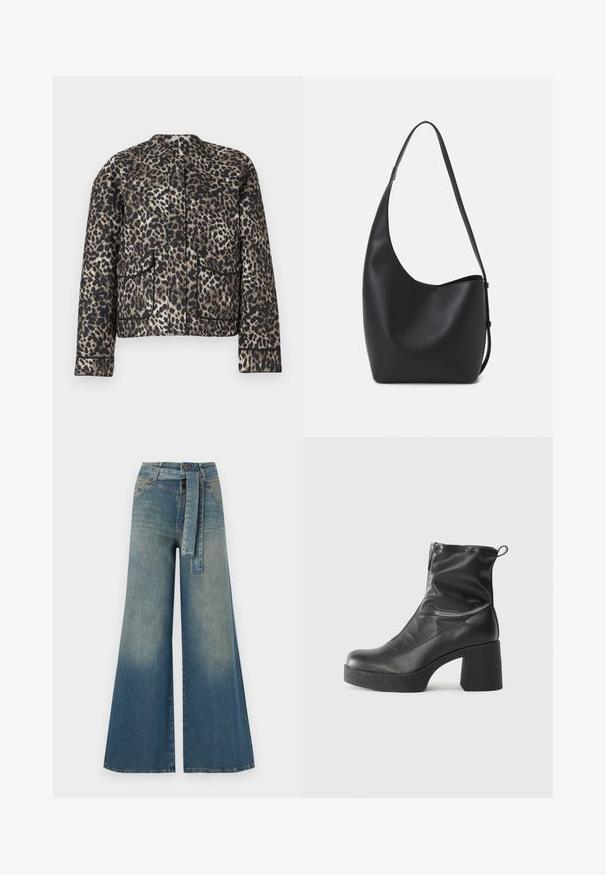 Giacca con stampa leopardata nelle tonalità di marrone e nero. Presenta un collo rotondo, due tasche frontali e bordi di colore contrastante.; T-shirt nera in cotone con maniche corte, caratterizzata da una piccola grafica di una farfalla rosa sul lato sinistro del petto. Design a girocollo con una vestibilità rilassata.; Pantaloni in denim a gamba larga con una sfumatura che va dal blu chiaro al blu scuro, vita alta, passanti per cintura e una cintura in tessuto coordinato. Finitura in denim strutturato.; Stivali neri alla caviglia in pelle liscia, con zip laterale, tacco spesso e texture, e punta arrotondata.; Borsa hobo nera in pelle con una superficie liscia, forma curvata e una singola tracolla regolabile; presenta un'ampia apertura nella parte superiore.