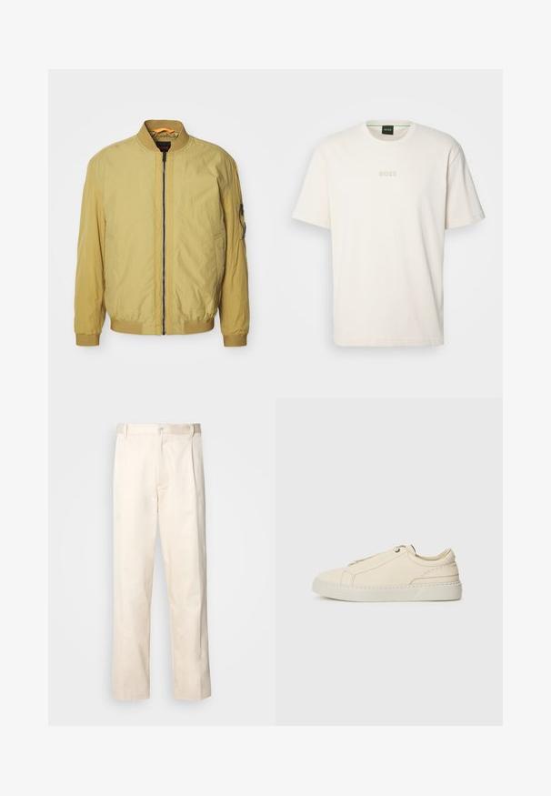 Kollane pommijacket, millel on tõmblukk, soonikkoes krae ja mansetid, küljetaskud ning lisatasku varrukal. Sile tekstuur.; BOSS TEE - Lihtne T-särk - open white; Beesidised puuvillased püksid sirge jala lõikega, mis on varustatud nööpkinnituse ja ees olevate voltidega, et lisada detaili.; Beige nahkased kingad ümmarguse varbaga, minimalistlik disain, peened õmbluse detailid ja tekstureeritud pealispind, heledal tallal.