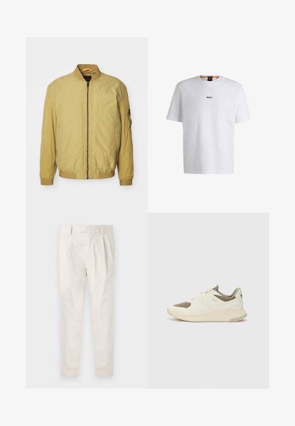 Yellow bomber jacket with a zip closure, ribbed collar and cuffs, side pockets, and an additional pocket on the sleeve. Smooth texture.; White cotton T-shirt with short sleeves, featuring a black "BOSS" logo centered on the chest and a round neck design.; White, pleated trousers with a tailored fit, featuring a smooth texture, belt loops, and tapered legs. No visible pockets or patterns.; White and light beige athletic sneaker, featuring a mesh upper, perforated detailing, and a textured midsole with branding on the heel.