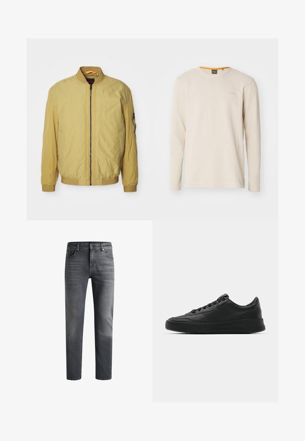 Gul bomberjacka med dragkedja, ribbad krage och muddar, sidofickor och en extra ficka på ärmen. Slät textur.; Ljusbeige långärmad t-shirt i texturerad tyg. Har en rundad halsringning och en liten logotyp på bröstet med en orange detalj innanför halsen.; Mörkgrå denimjeans med rak passform. Har fem fickor, dragkedja och lätt viskning på låren för subtil textur.; Svart sneaker med slät läderöverkänsla, rund tå, platta snören, vadderad krage och minimalistisk design. Gummisula med subtilt mönster.