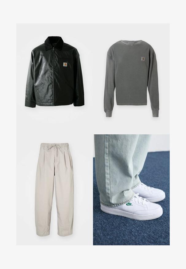 Jachetă neagră cu fermoar, confecționată dintr-un material neted și lucios. Prezintă un guler din catifea, două buzunare frontale și un mic logo brodat pe piept.; Pulover gri cu mânecă lungă și guler rotund, cu textură corduroy, având un mic logo pătrat pe partea stângă a pieptului și manșete corduroy.; Pantaloni bej, ușori, cu talie elastică și șnur. Prezintă pliseuri și o croială lejeră, realizată dintr-un material moale și neted.; Adidași din piele albă cu logo-ul Nike verde, vârf rotund, talpă plată, asortați cu pantaloni din denim bleu deschis, prezentați pe un covor albastru.