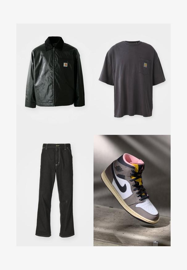 Sort lynlåsejakke lavet af glat, blankt materiale. Har en kordfløjlsfarvet krave, to forlommer og et lille logo-patch på brystet.; Sort bomulds T-shirt med korte ærmer, en rund halsudskæring og en venstre brystlomme med et firkantet logo-patch. Enkel og uudsmykket design.; Sorte denimjeans med løs pasform, der har kontrasterende hvid syning, en knaplukning og et lige ben-design.; Høj-top Nike Air Jordan sneaker i hvid, grå og sort med pink indvendigt og gul tunge, placeret på en betonoverflade.