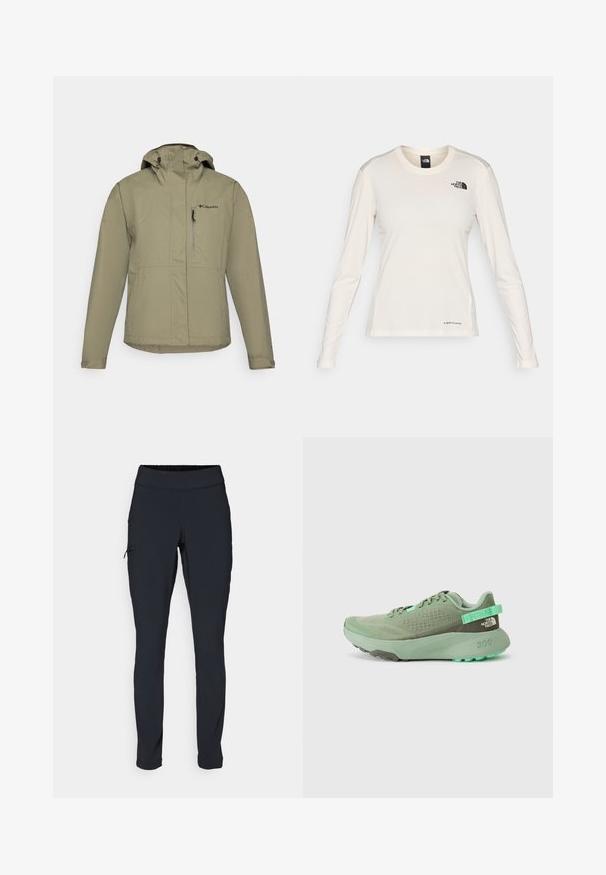 Beige waterproof jacket with a hood, featuring a front zipper, adjustable cuffs, and chest pocket. Made from lightweight, durable fabric.; The North Face SHADOW LONG SLEEVE - Long sleeved top - white dune; Black athletic pants with a slim fit, elastic waistband, and a side pocket featuring a zipper. Smooth, stretchy fabric with minimal seams.; Green athletic shoe with mesh upper, textured overlays, and a thick rubber sole. Features a pull tab and logo detail on the heel.
