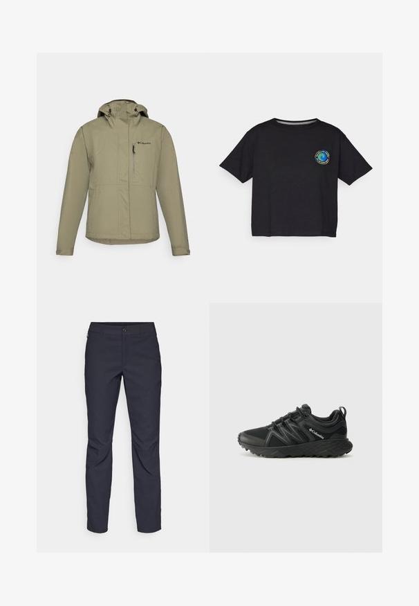 Chaqueta impermeable beige con capucha, que cuenta con un cierre frontal, puños ajustables y un bolsillo en el pecho. Fabricada con un tejido ligero y duradero.; Camiseta de algodón negra de manga corta con un logo multicolor circular en el pecho. Dobladillo recto y corte relajado.; Pantalones azul marino de tela suave, que presentan un cierre delantero con botón, un diseño ajustado y detalles con pliegues en las rodillas.; Columbia PEAKFREAK - Zapatillas de senderismo - black