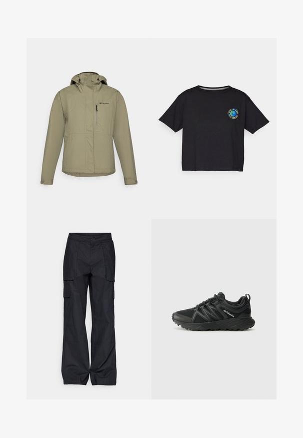 Casaco impermeável bege com capuz, apresentando um fecho frontal, punhos ajustáveis e bolso no peito. Feito de um tecido leve e durável.; T-shirt preto de algodão com mangas curtas, apresentando um logótipo circular multicolorido no peito. Barra reta e ajuste descontraído.; Columbia BREA FALLS™ COTTON RIPSTOP PANT - Calças para exterior - black; Columbia PEAKFREAK - Sapatos de caminhada - black