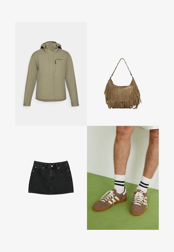 Beige vandtæt jakke med hætte, der har en frontlynlås, justerbare mansjetter og brystlomme. Lavet af let, holdbart stof.; Stradivarius HALTER WITH EMBROIDERY - Bluse - black; Sort denim mini-skirt med frontknap, bæltesløjfer og to forlommer med kobbernitter, lagt fladt på hvid baggrund.; Brune ruskind sneakers med hvide detaljer og snørebånd. Gummisål i naturgummi. Båret med hvide sokker med sorte striber. Grøn struktureret gulv.; Brun ruskind skuldertaske med lange frynser, en buet form og en enkelt skulderrem. Har en glat, tekstureret overflade.