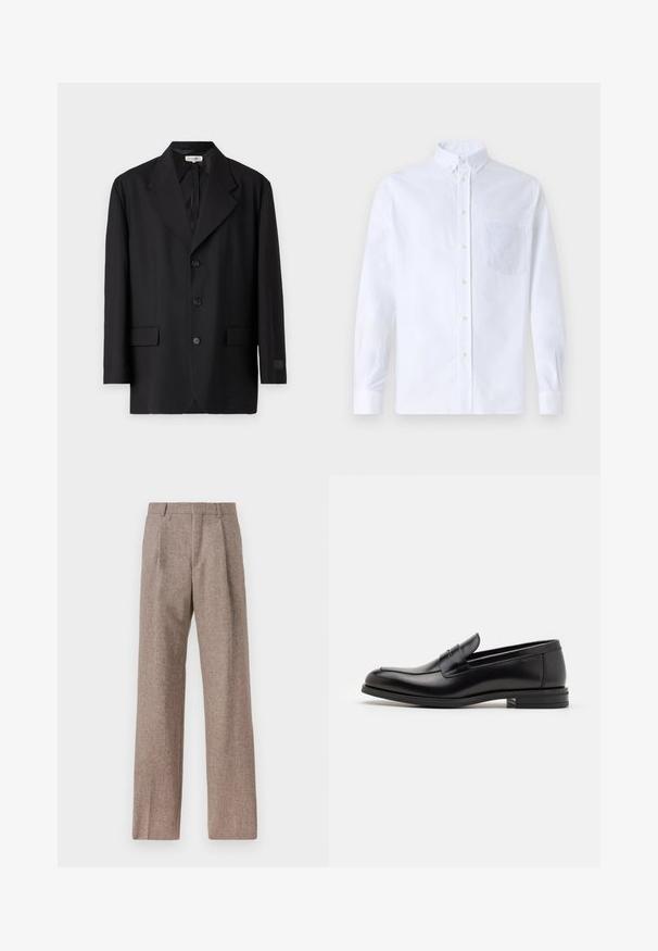 Črn blazer z odrezanim pasom, petimi gumbi in dvema sprednjima žepoma. Prilagojena velikost z gladko teksturo in diskretnim logotipom na rokavu.; Bela dolgo rukava srajca s kragnico, izdelana iz bombaža, z žepom na prsih in toniranimi vezeninami ter gumbi na manšetah.; Rjave hlače z visokim pasom, izdelane iz teksturirane tkanine. Imajo široke noge in dve sprednji pregibi za strukturo. Urejen zaključek brez vidne strojne opreme.; Črne usnjene loafer čevlje z gladko teksturo, zaobljenim nosom in dekorativnim trakom čez zgornji del. Nizka zložena peta, minimalističen dizajn.