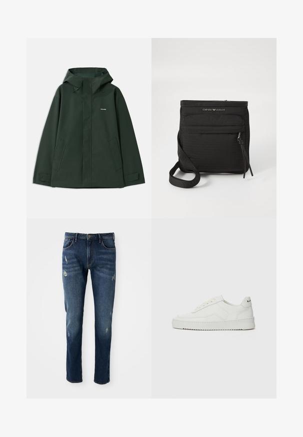 Roheline veekindel jakk kapuutsiga, millel on eesneede, kaks küljetaskut ja väike logo rinnal. Sile tekstuur.; Tumed sinine ringiga dressipluus pikkade varrukatega, millel on mustriline kotka logo ja "GA" initsiaalid keskel rinnal.; Tumed sinised teksad kitsas lõikega, kerge kulumine reitel ja põlvili, klassikaline viie tasku disain ja nupuga kinnitus.; Valge nahast tennis, millel on sile põhi, ümar varvas, lamedad nöörid ja tekstuuriline tall. Sisaldab diskreetset logo kontsaribal.; Must musta Emporio Armani ristiõla kott, millel on eesne lukuga tasku, reguleeritav rihm ja logo detail tekstureeritud kangal.