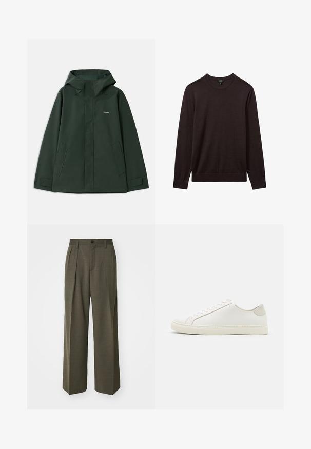 Roheline veekindel jakk kapuutsiga, millel on eesneede, kaks küljetaskut ja väike logo rinnal. Sile tekstuur.; Reiss Džemper - dark bordeaux; Filippa K WIDE TROUSERS - Püksid - driftwood; Valge nahast sneaker, millel on sile pind, ümar varvas ja minimalistlik disain. Omab beeže aktsente kontsas ja kummist tallat.