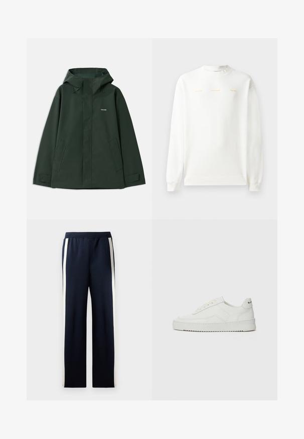 Žalias vandeniui atsparus džemperis su gobtuvu, turintis priekinį užtrauktuką, dvi šonines kišenes ir mažą logotipą ant krūtinės. Lygi tekstūra.; Balta džemperis su apvalia iškirpte, ilgomis rankovėmis ir raukšlėtais rankogaliais. Priekyje yra auksinė spauda: "HZW (25-26) HOLZWEILER THE SUN."; Jūrų laivyno kelnės su plačia kojų forma, su vertikaliomis smėlio spalvos juostelėmis šoninėse dalyse. Pagamintos iš minkštos, tekstūrinės medžiagos, su elastinga juosmens juosta.; Balti odiniai sportiniai bateliai su lygia apdaila, apvaliu pirštu, plokščiais raišteliais ir tekstūruotu padu. Pasižymi subtiliu logotipu ant kulno.