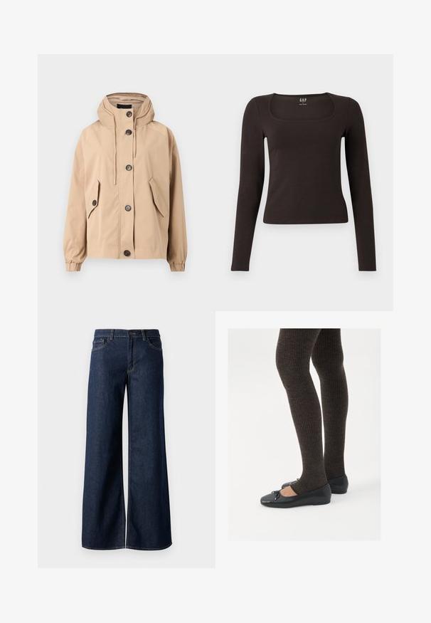 Veste beige à capuche avec une coupe décontractée. Dispose de quatre poches avant, de fermetures à boutons et de poignets élastiques. Tissu lisse avec une finition mate.; Haut noir à manches longues, ajusté, avec un décolleté carré, étiqueté GAP, affiché sur un fond blanc.; Jean large en denim bleu foncé. Présente des coutures contrastées, cinq poches et une fermeture par bouton à la taille. Texture lisse.; Chaussures plates noires avec un petit nœud au niveau des orteils, associées à des collants côtelés marron foncé. Les chaussures ont une texture lisse et un profil bas.