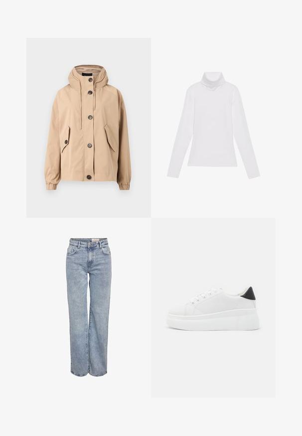 Beige, gewatteerde jas met een ontspannen pasvorm. Voorzien van vier voorzakken, knoopsluitingen en elastische manchetten. Glad materiaal met een matte afwerking.; Witte lange mouw turtleneck top gemaakt van glad, elastisch materiaal. Voorzien van een hoge kraag en een getailleerd ontwerp, zonder zichtbare patronen of versieringen.; Lichtblauwe wijde jeans gemaakt van denim, met een hoge taille, vijf zakken en subtiele vervaging voor een versleten uitstraling.; Witte platform sneakers van glad synthetisch materiaal, met een afgeronde neus, vetersluiting en een gestructureerde rubberen zool. Zwarte hielaccent.