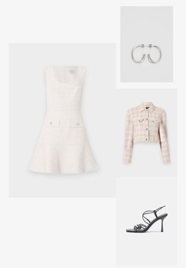 Izgriezta jaka bēšā un krēmkrāsas tweedā, ar sudraba pogām, diviem krūšu kabatām un frēzētu apakšmali. Visā jakā ir teksturēts raksts.; Balts tweed kleita ar izsistām svārkiem, apaļu izgriezumu un divām priekšējām kabatām, kuras izceļ apaļie pogas. Tekstūrēts, strukturēts dizains.; Melnas augstpapēžu sandales ar plāniem siksniņām un mezgla dizainu, gluda kvadrātveida purngalu un elegantu stiletto papēdi.; Gaiši pelēka metāla rokassoma ar ķēdes siksnu, rotāta ar mazām apaļām metāla kniedēm un trīsstūra zīmola logo.; Sudraba riņķveida auskari ar gludu, spīdīgu apdari. Apaļas formas, viegla dizaina, ar aizdari uz stieples.