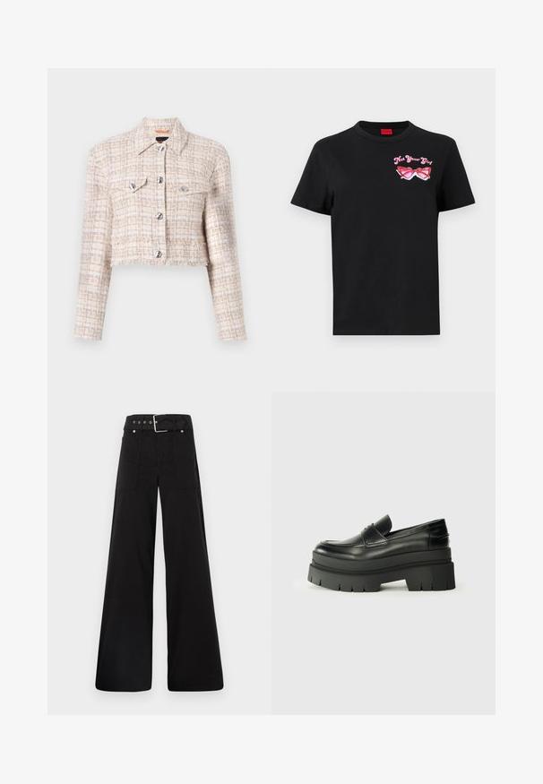 Krátká bunda v béžovém a krémovém tweedu s kovovými patentkami, dvěma kapsami na hrudi a roztrhaným lemem. Celoplošný texturovaný vzor.; Černé bavlněné tričko s krátkými rukávy, které má na levé straně hrudi růžovou grafiku slunečních brýlí a text "Nejsem tvoje holka".; Černé široké kalhoty vyrobené z bavlny, s vysokým pasem, velkými bočními kapsami a opaskem s kovovými akcenty v barvě stříbra.; Černé kožené loafers s robustní platformovou podrážkou. Kulatá špička, přední šev a jemné akcenty prošití. Plochá, texturovaná podrážka.