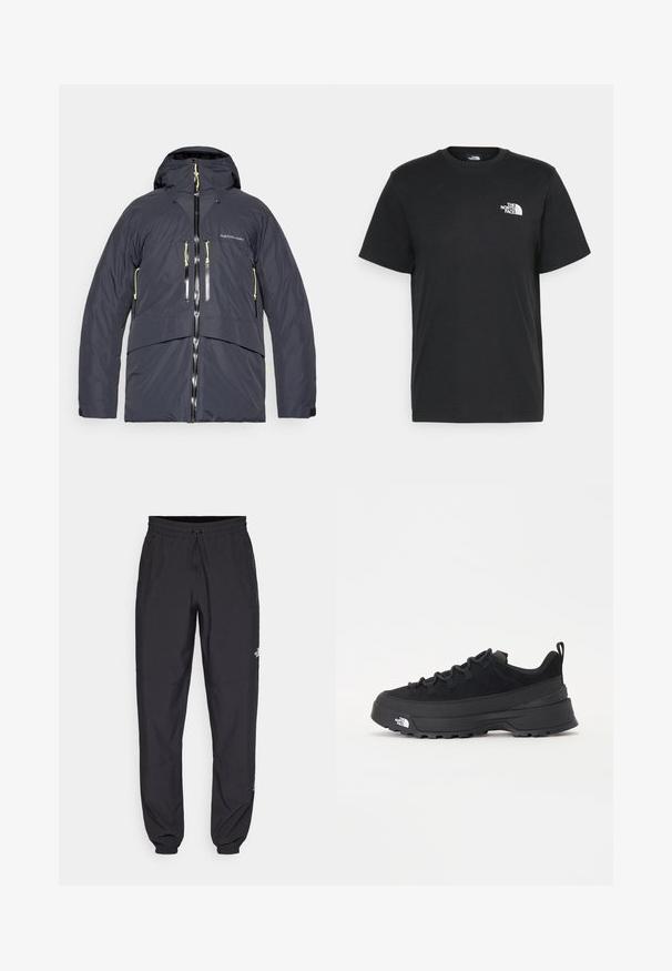 Men's insulated jacket in dark gray, featuring a hood, dual zip pockets, and contrasting yellow accents on zippers and drawstrings.; Black cotton t-shirt with short sleeves, crew neck, and a small white logo on the left chest. Simple design, smooth texture, and relaxed fit.; Black athletic pants made from lightweight fabric, featuring a drawstring waistband, side pockets, and tapered cuffs at the ankles.; Black outdoor sneaker with a suede upper, textured rubber sole, and sturdy lacing system. Features a reinforced heel and brand logo on the side.