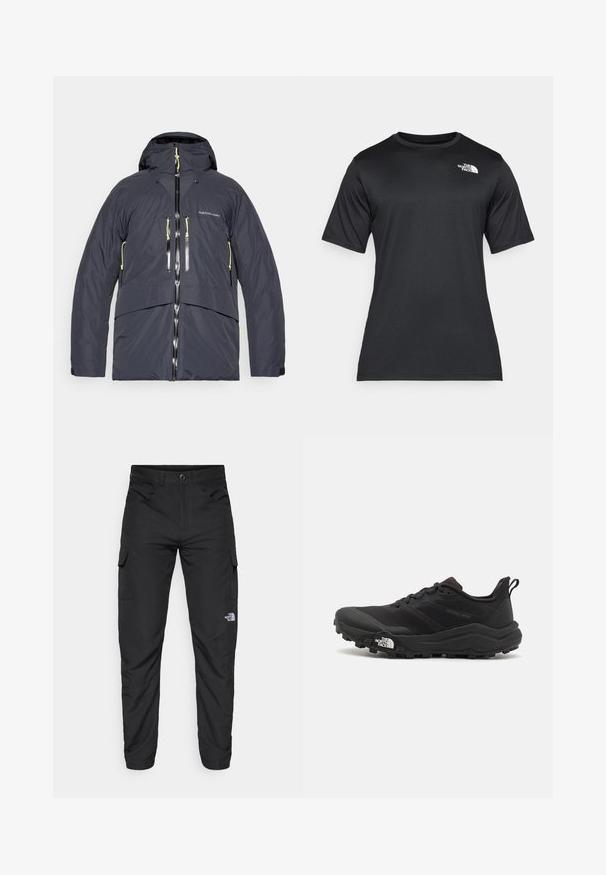 Casaco para homem isolado em cinza escuro, com capuz, bolsos com fecho duplo e detalhes amarelos em contraste nos fechos e cordões.; Camiseta preta de manga curta feita de um tecido leve e que absorve a umidade. Apresenta um logo branco no lado esquerdo do peito e um decote redondo.; The North Face HORIZON PANT - Calças para exterior - black; Sapatilha de trail running preta com um upper texturizado, sola de borracha e biqueira reforçada. Possui um colarinho acolchoado e uma alça para facilitar o calçar.