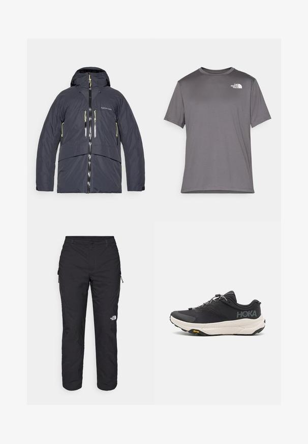 Heren geïsoleerde jas in donkergrijs, voorzien van een capuchon, dubbele ritszakken en contrasterende gele accenten op de ritsen en koordjes.; Grijze sportieve t-shirt met korte mouwen van gladde, lichte stof. Bevat een witte logo op de linkerborst. Rondhals ontwerp.; The North Face WINTER EXPLORATION TAPERED CARGO  - Outdoorbroeken - black; Zwarte sportschoen met een gestructureerde bovenkant, grijze accenten, reflecterende details en een dikke witte zool met Vibram-logo.